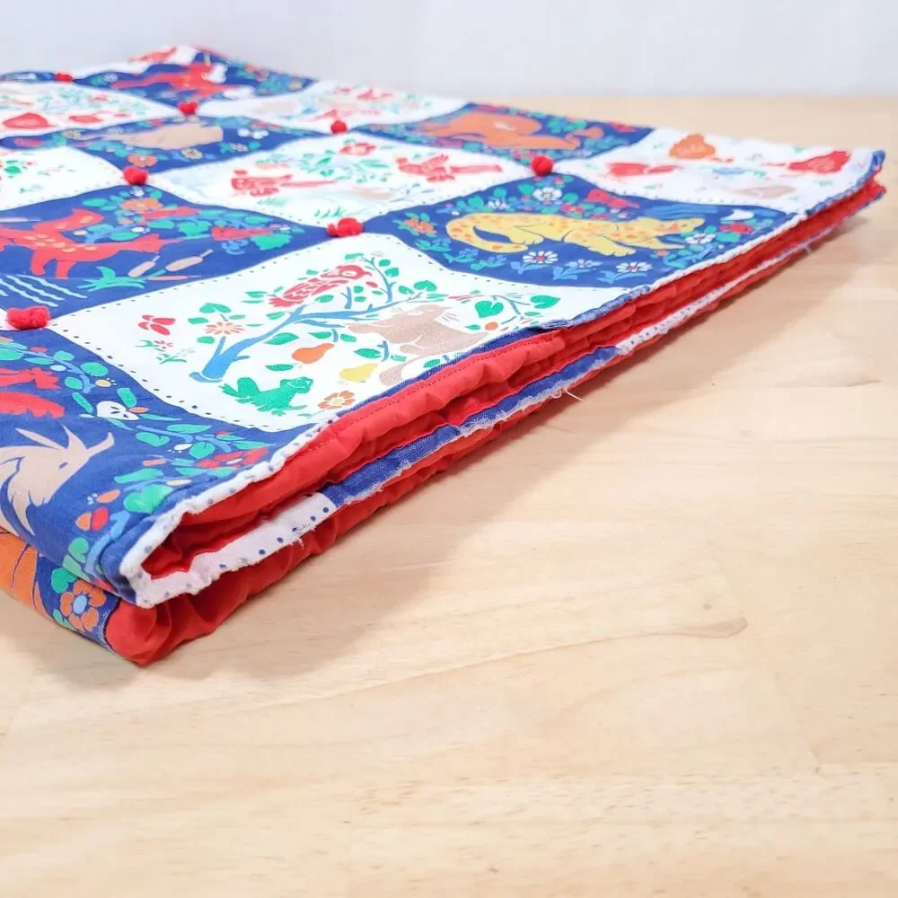 Vtg Printed Block Quilt Pattern Baby Blanket Forest Animal Fox Owl Deer Folk Art